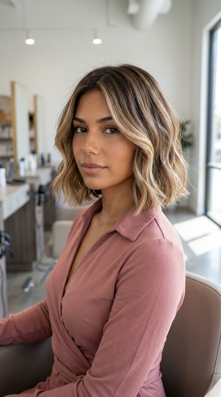 chin-length blunt bob haircut in warm honey blonde with buttercream highlights, internal layering, no fringe — chic brunch style