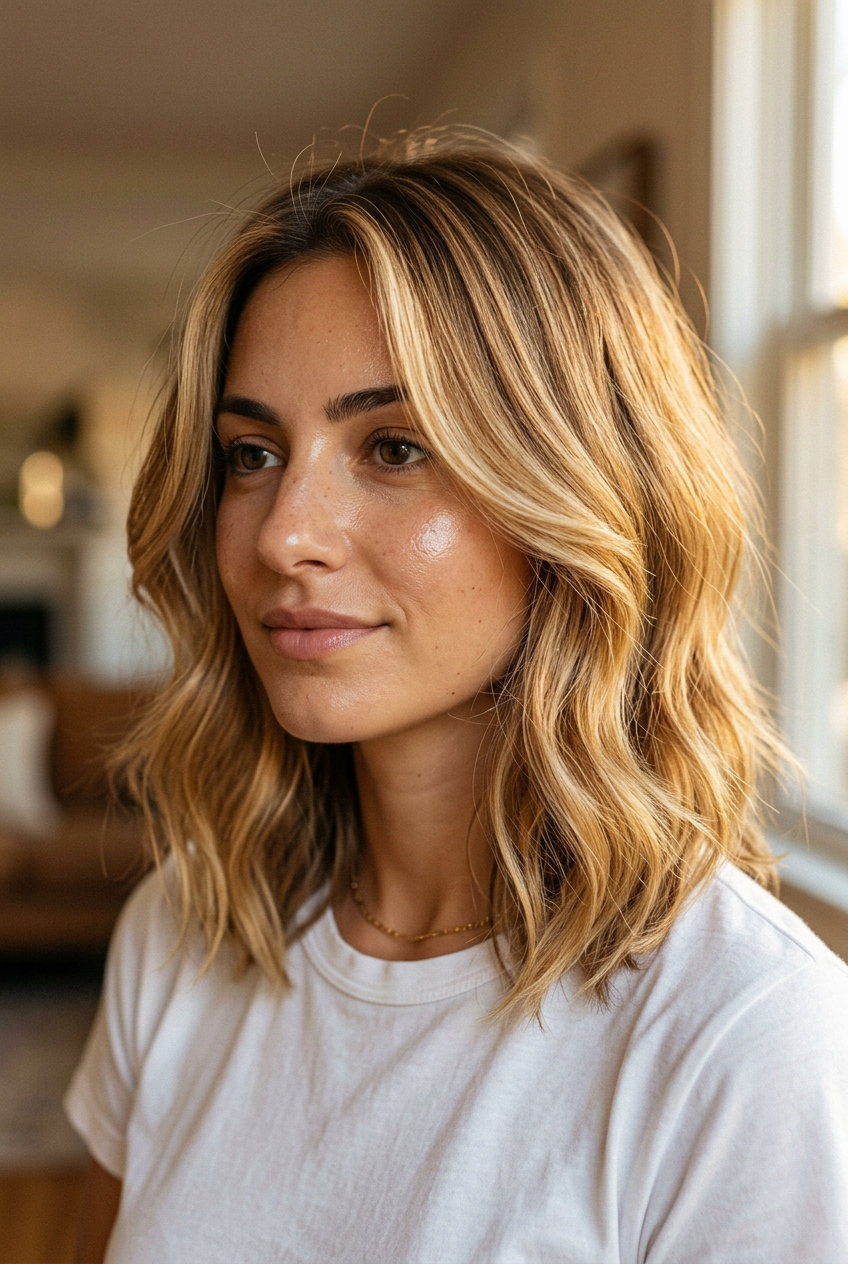 collarbone-length wavy bob haircut in honey blonde with balayage highlights for radiant look