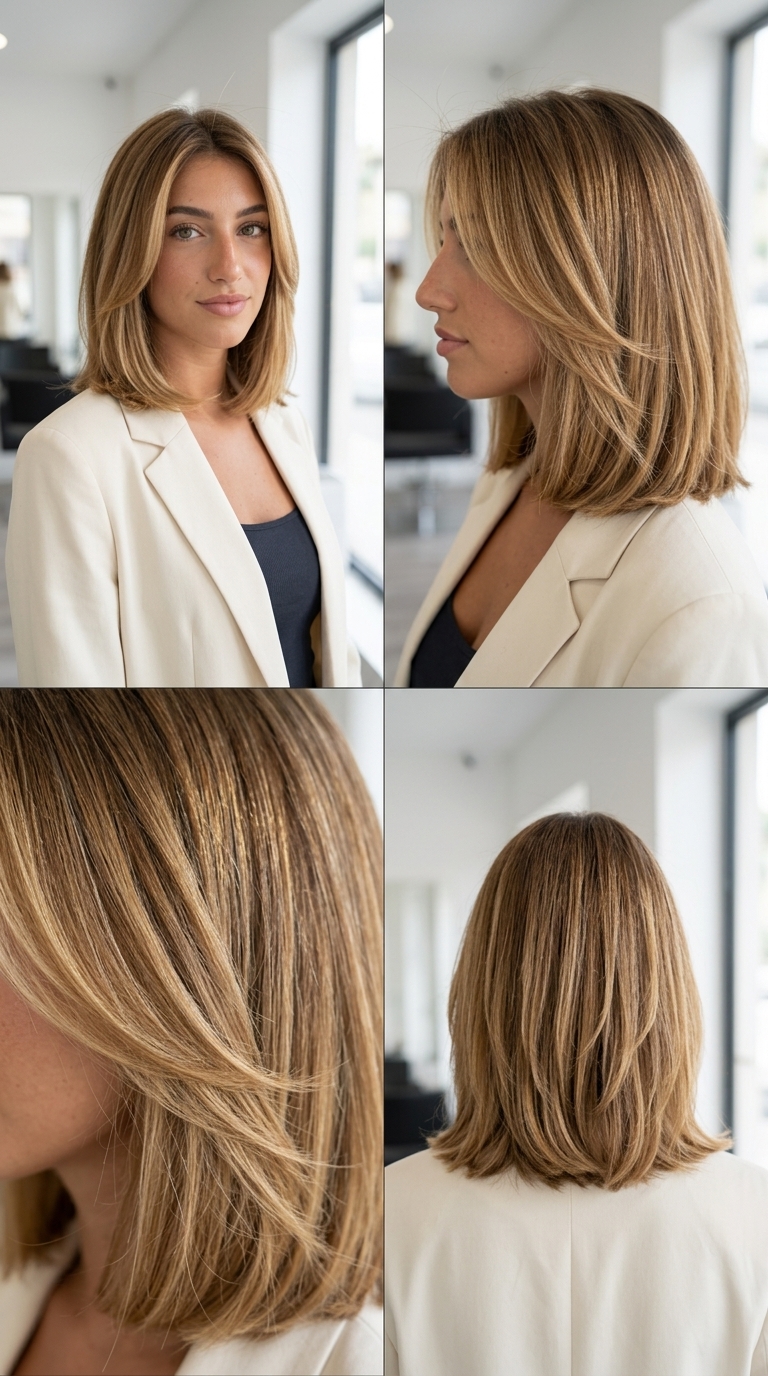 collarbone-length lob in honey blonde balayage with buttercream highlights, long face-framing layers — bohemian chic