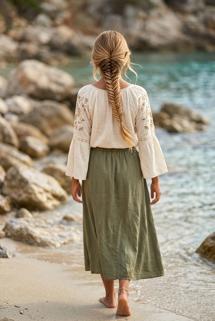 long braided hairstyle with honey blonde and lighter highlights, intricate boho fishtail braid for date night