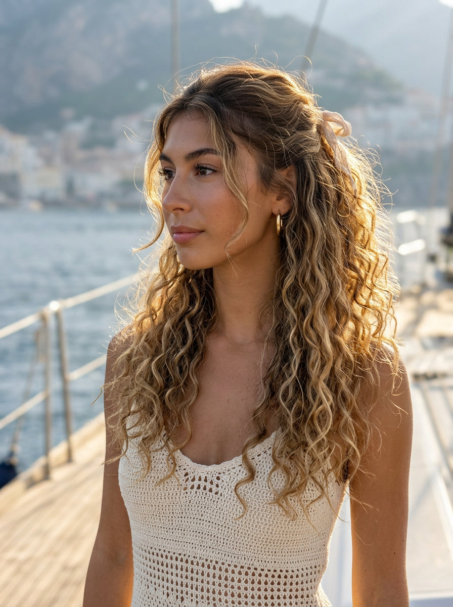 long curly half up half down with honey blonde balayage, golden babylights, face-framing curls — romantic summer look