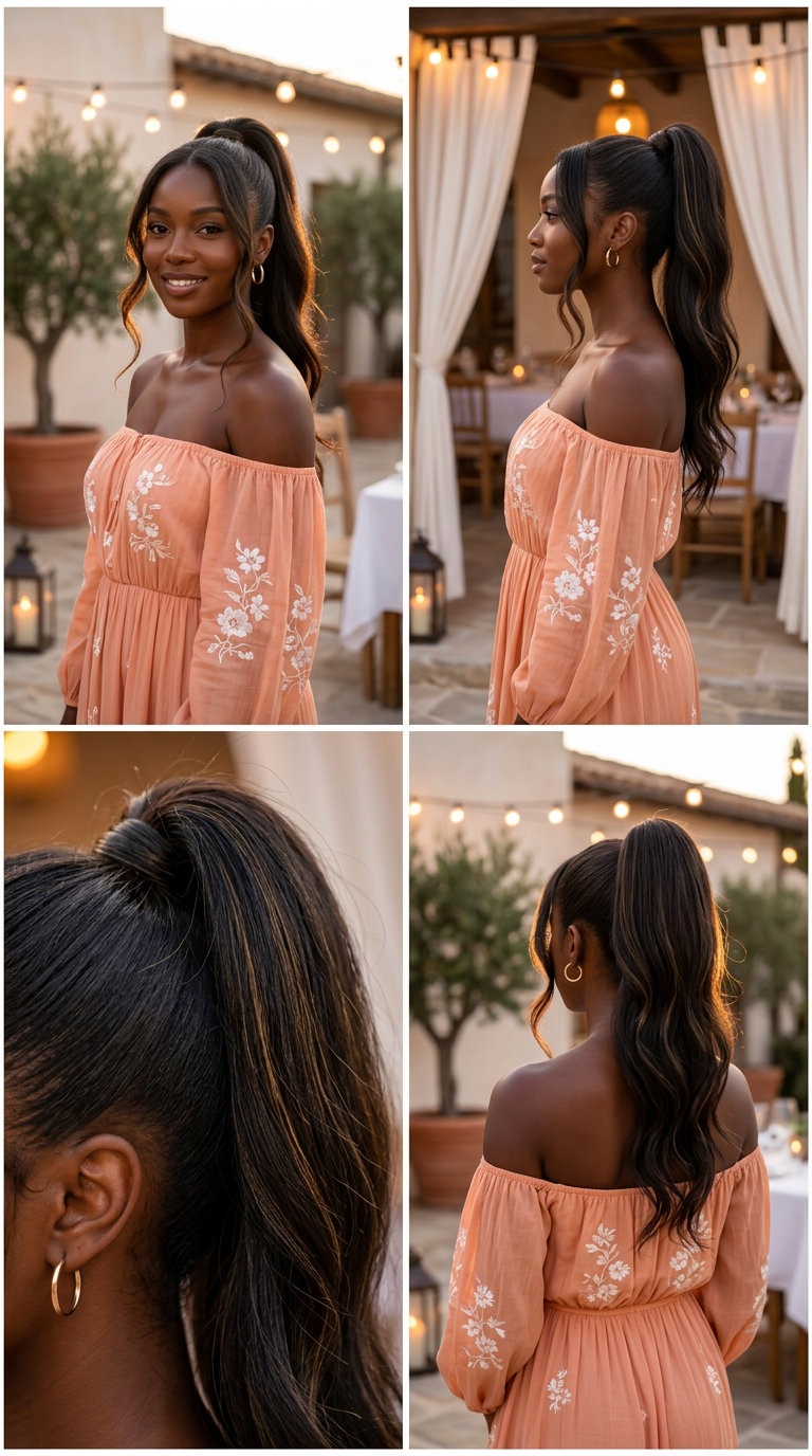 long warm honey blonde ponytail with soft tendrils and loose waves for summer evening