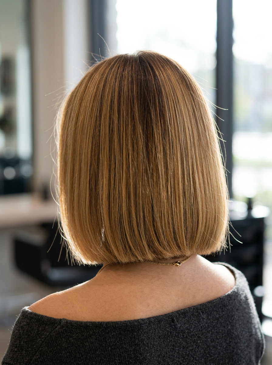 short honey blonde hair with a blunt cut and warm brown shadow root for glamorous polish