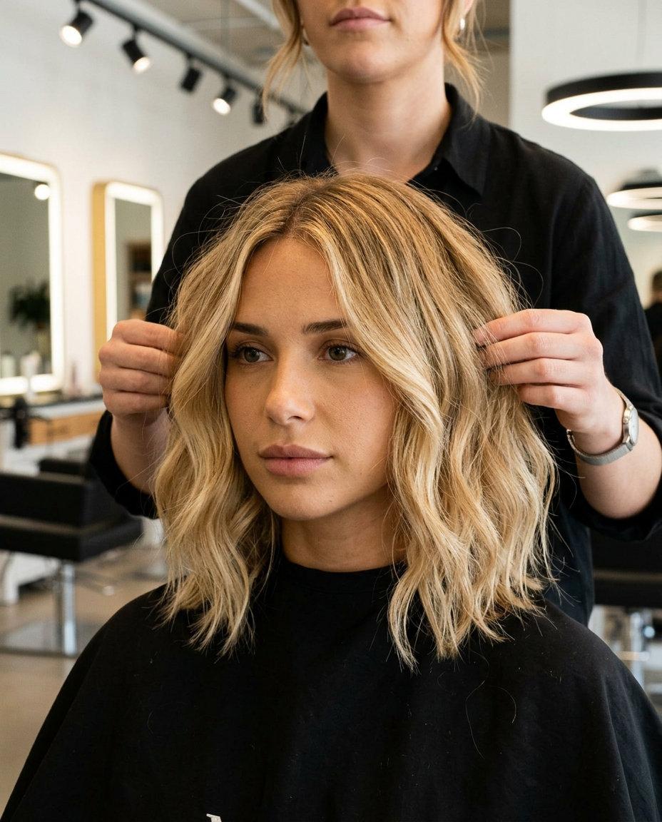 short honey blonde hair with a tousled bob and golden babylights for breezy playfulness