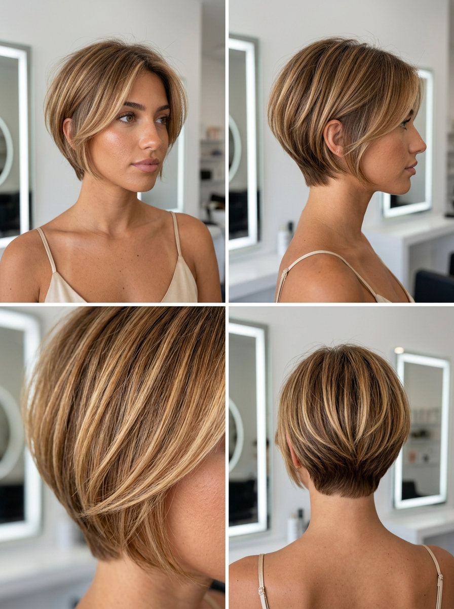 short cropped haircut in honey blonde balayage with natural root and soft fringe for summer vacation