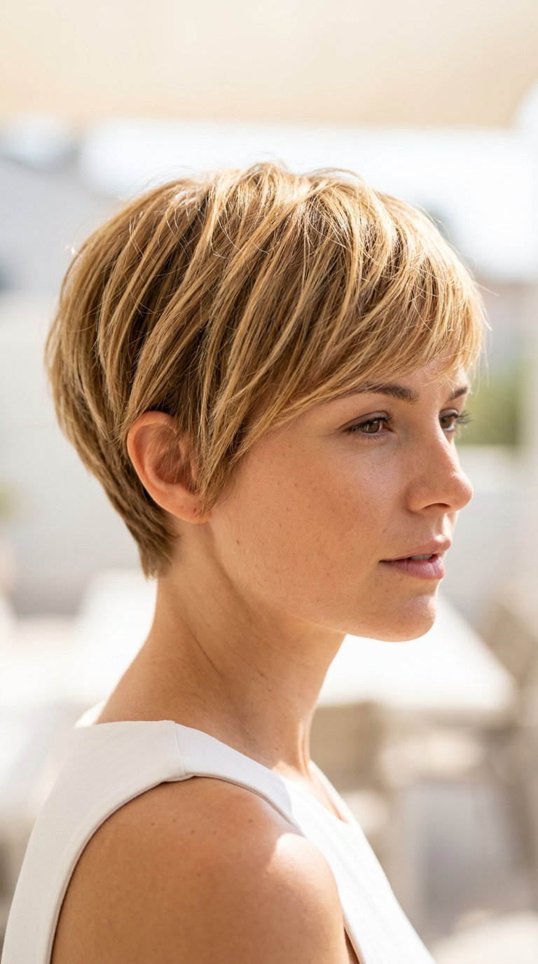 very short pixie haircut in Honey Blonde with babylights and wispy bangs for soft radiance