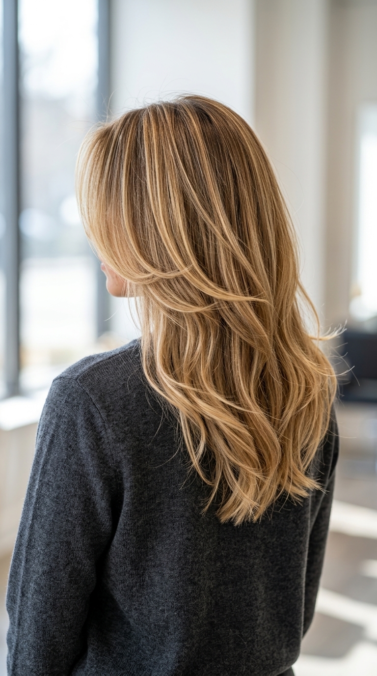 collarbone-chest layered haircut with golden honey & caramel glaze, face-framing pieces — romantic evening