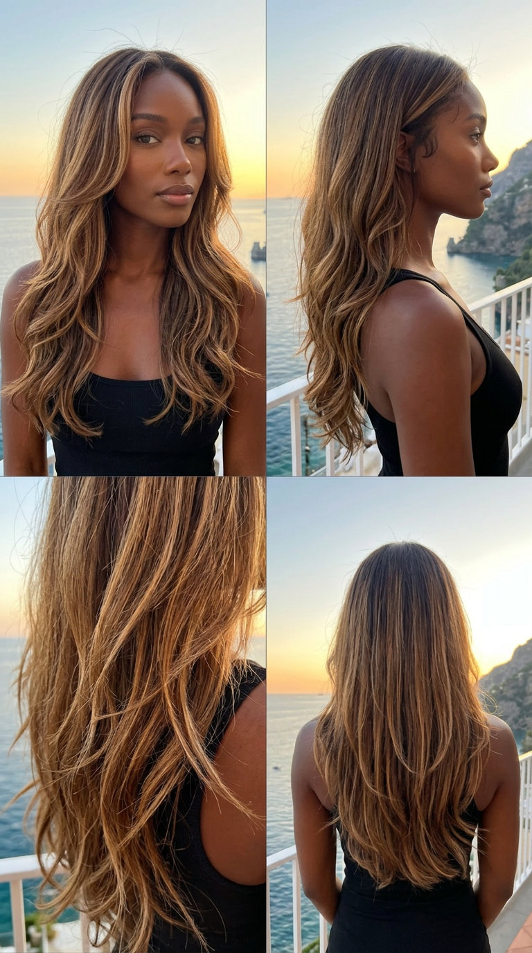 long honey-glazed pecan balayage with espresso lowlights, layered natural hair for radiant summer looks