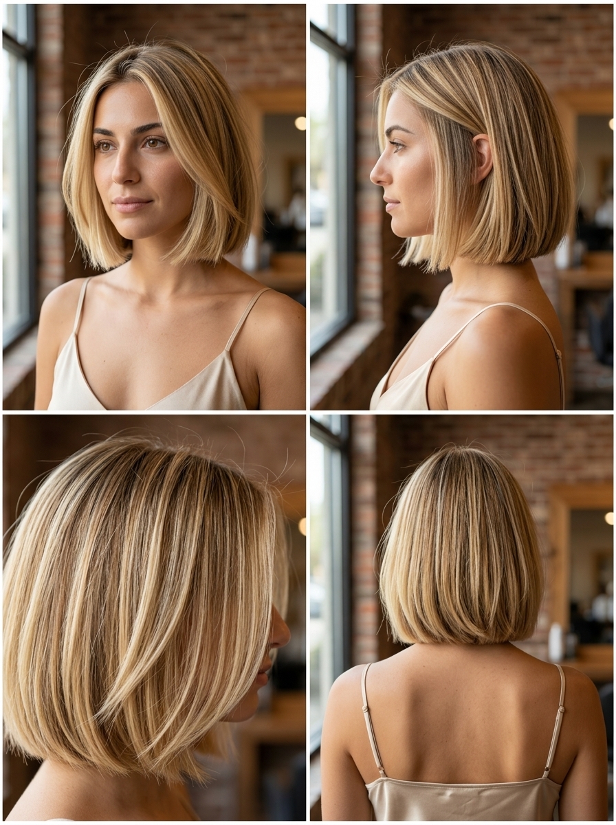 chin length italian bob haircut in honey golden blonde with highlights for sophisticated look