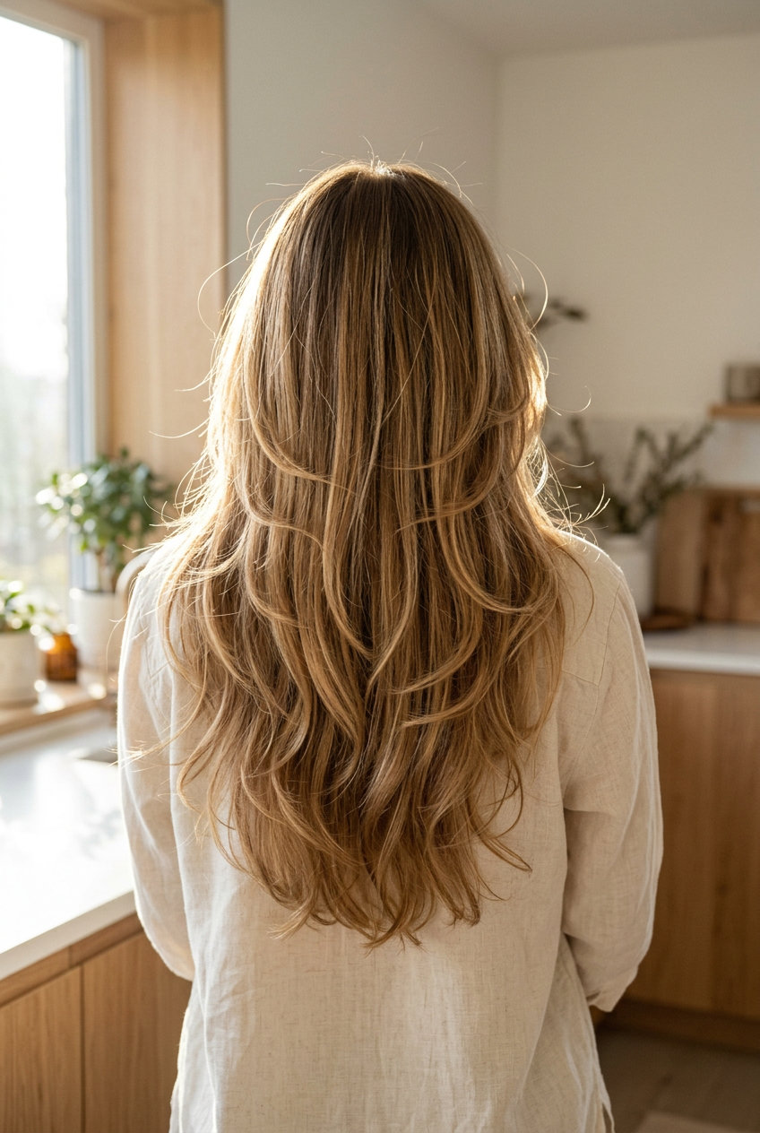 long butterfly haircut 2.0 with warm honey balayage and wispy bangs for summer
