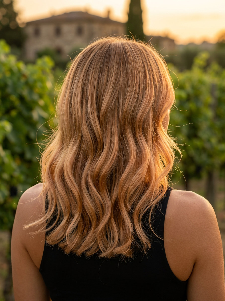 Honeyed Apricot Foilyage Hair 2026 long apricot blonde foilyage with honey blonde and caramel, layered, romantic