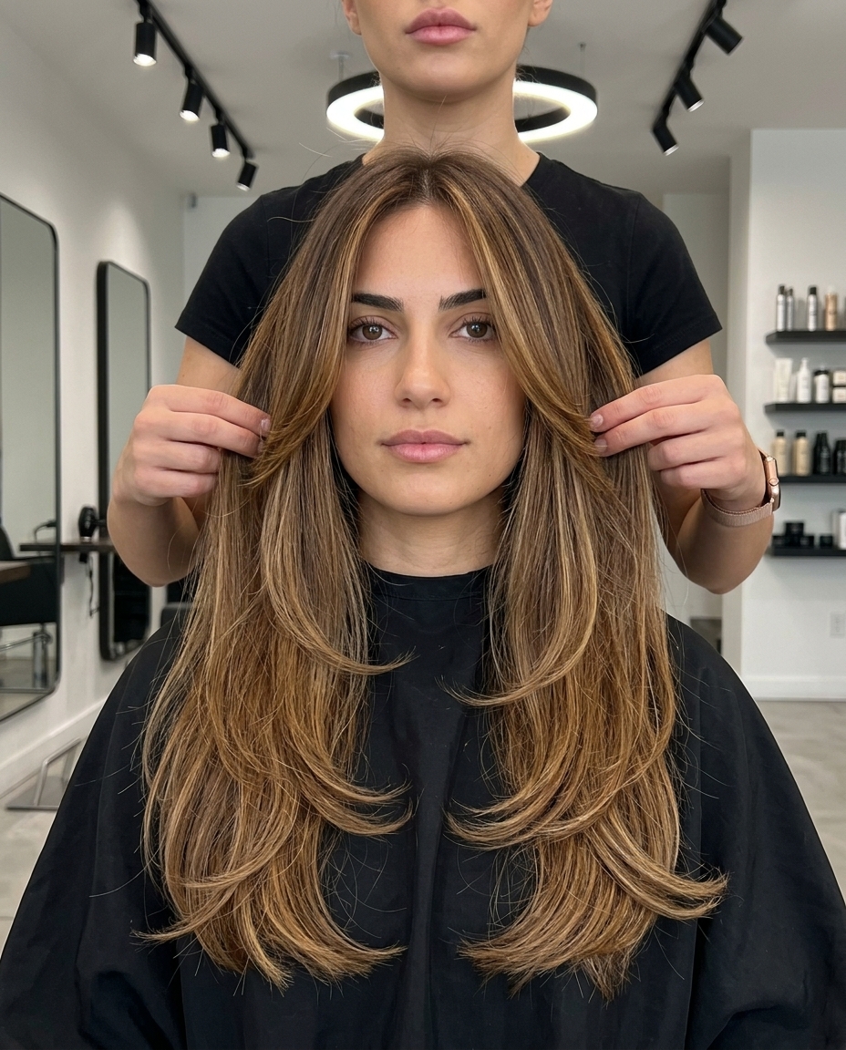 long layered haircut with golden honey & brunette base, balayage technique, face-framing layers — romantic vacation