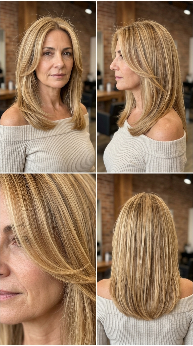 shoulder-length honey curve cut with face-framing layers and warm lowlights for everyday