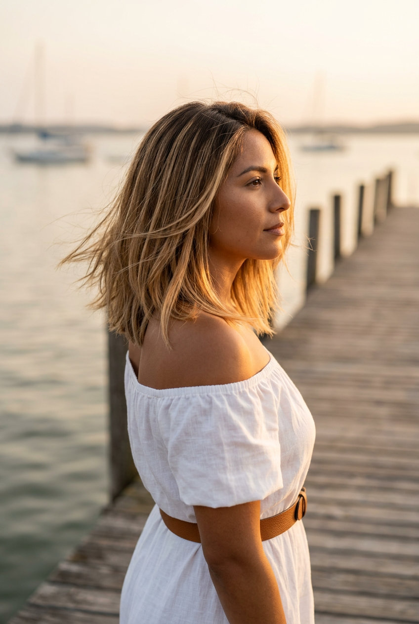 shoulder-length honey blonde lob haircut with balayage and face-framing pieces for summer