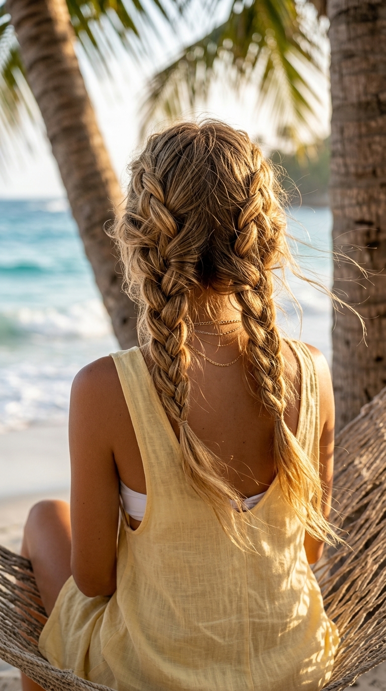 Sun-Drenched Beachy Braids 2026 long honey wheat blonde braids with sun-kissed golden highlights and tousled texture for bohemian