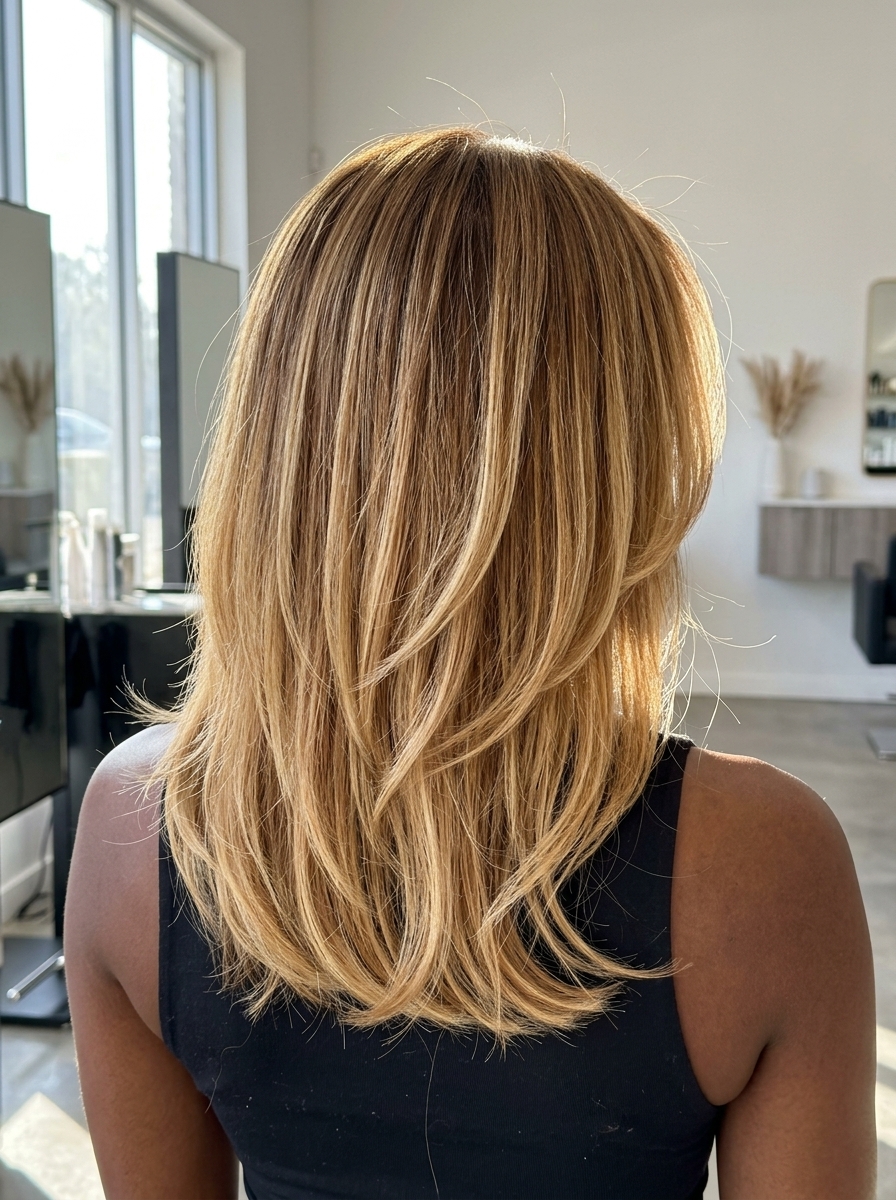 long honey wheat foilyage with golden brown base, buttery blonde, and face-framing highlights — sun-kissed vacation