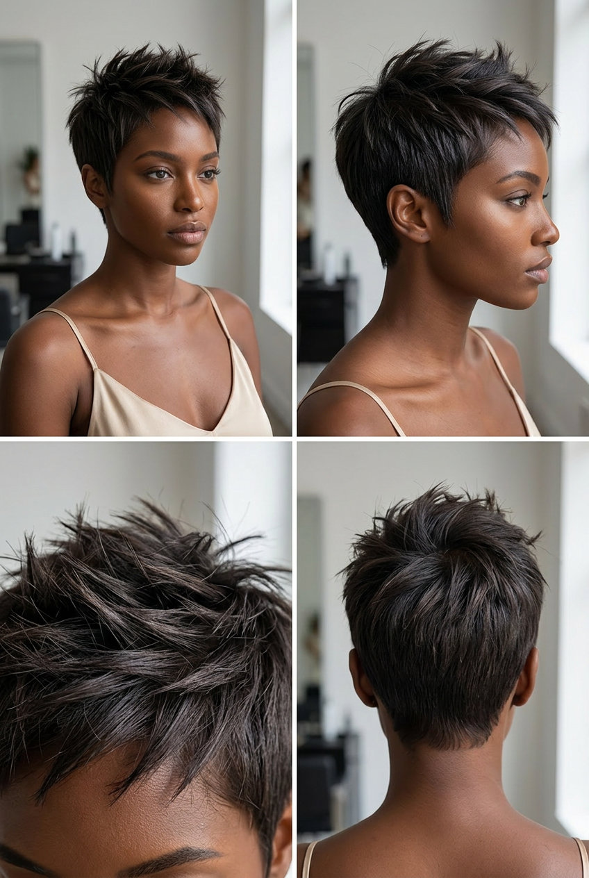 very short dimensional espresso brunette hair color with charcoal micro-lowlights, textured crop, spiky texture — edgy festival look