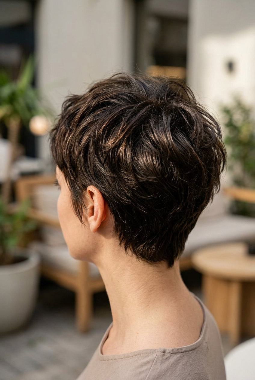 very short pixie haircut in Iced Espresso with point-cut layers and tapered sides for modern edge
