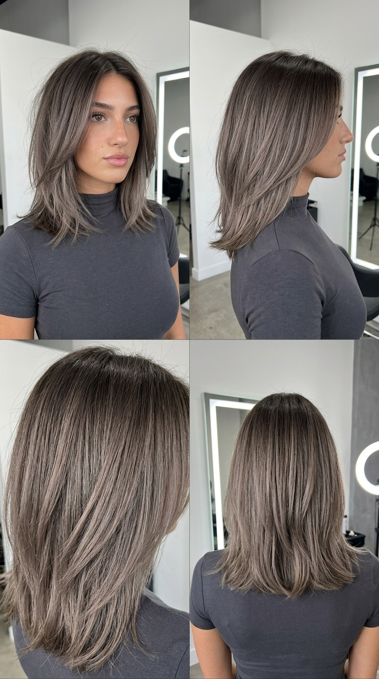 Icy Ash Shadow Root 2026 long layered brunette with deep ash brown root and icy ash brown ends, babylights, edgy summer hair color