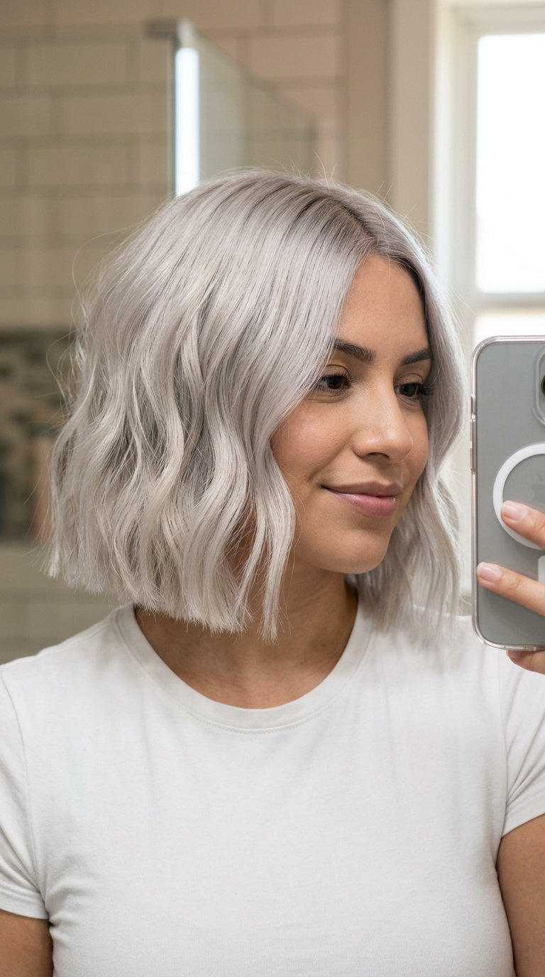 chin-length blunt bob haircut in icy platinum blonde with subtle texturizing for edgy look