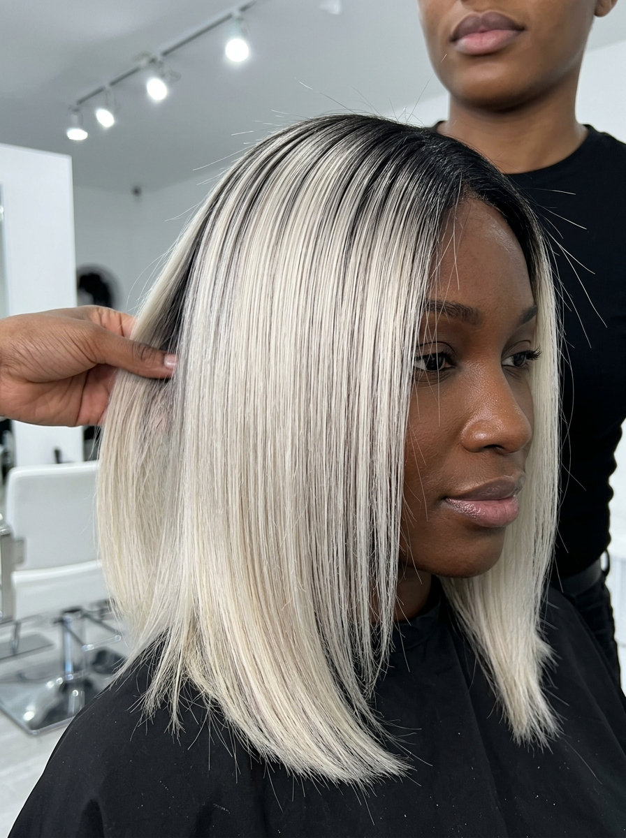 long icy platinum blonde ombré with dark roots and stark white ends for summer