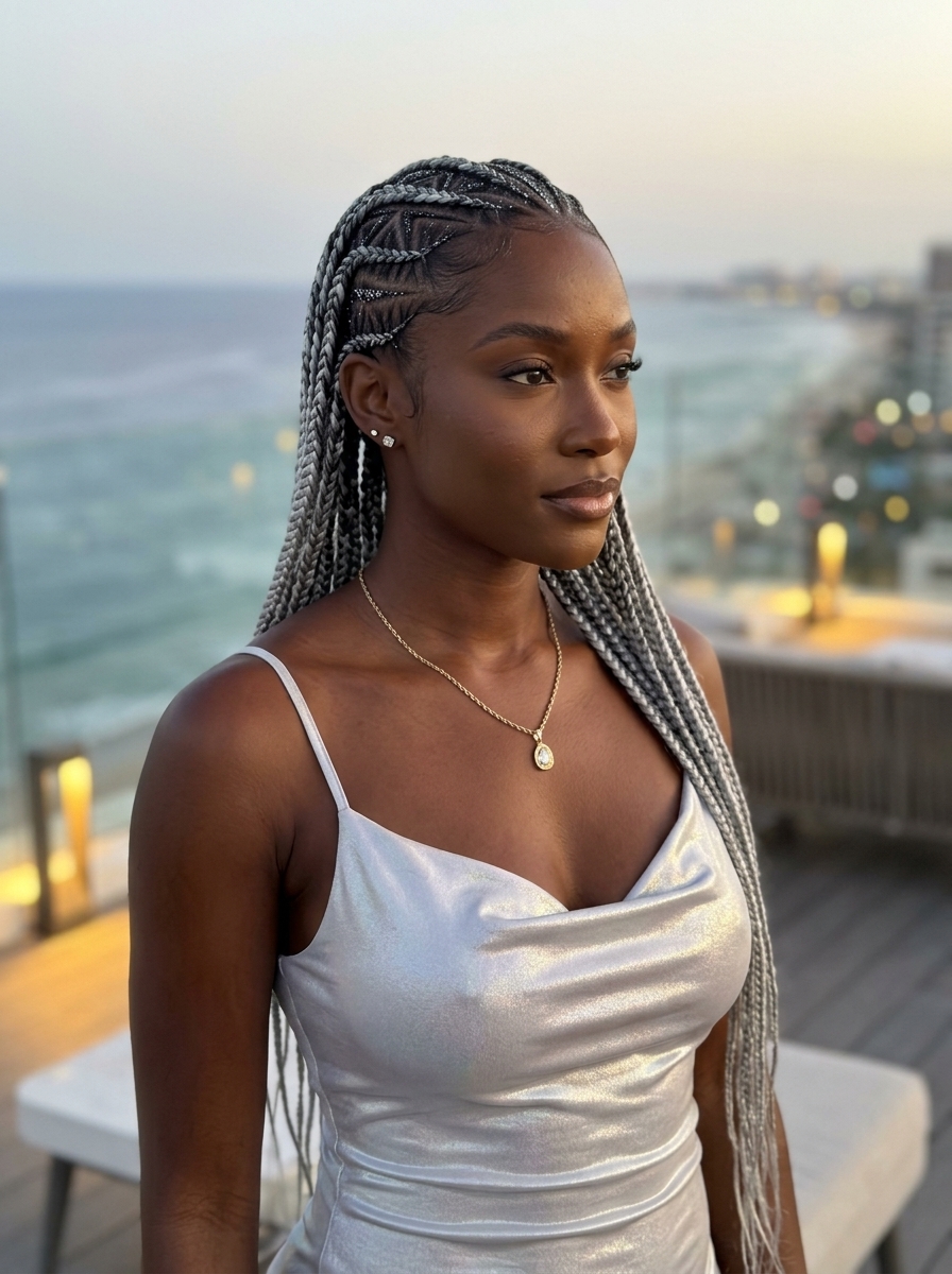 Glamorous Summer Braids 2026: Galactic Glitter Stitch long icy platinum stitch braids with silver glitter accents and charcoal grey undertones, sleek parts for date night