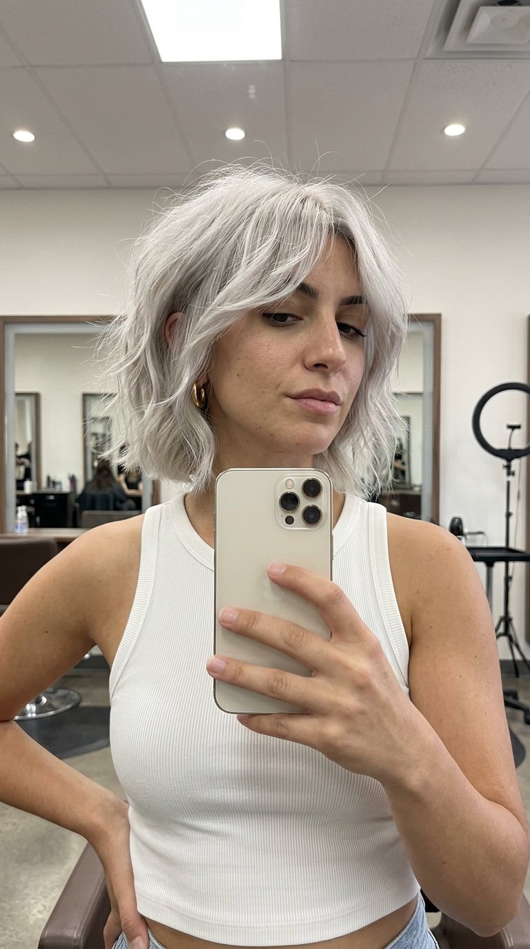 short edgy bob haircut in icy platinum blonde with silver undertones, razor cut layers, wispy fringe — edgy festival look
