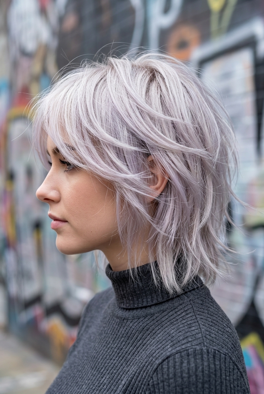 short icy platinum butterfly shag haircut with violet toner, choppy layers — edgy concert look