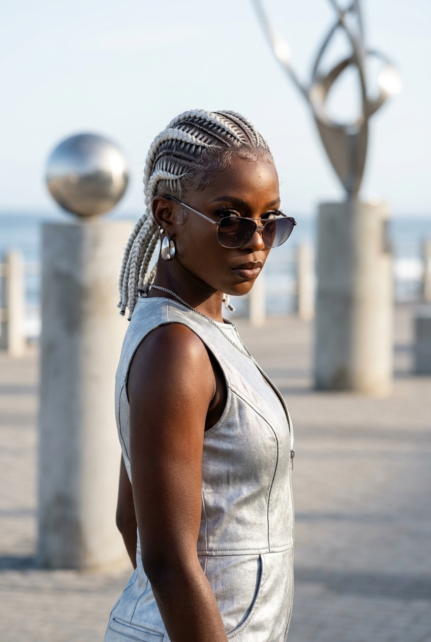 Edgy Summer Braids 2026: Icy Platinum Cornrows short icy platinum cornrows with silver undertones, clipper-fade base, and sleek edges for fashion event