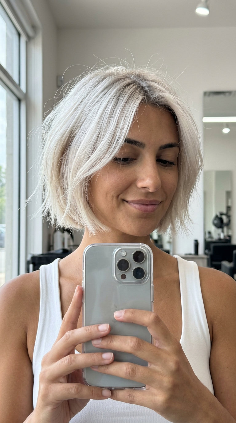short french bob in icy platinum blonde with textured layers — edgy, cool