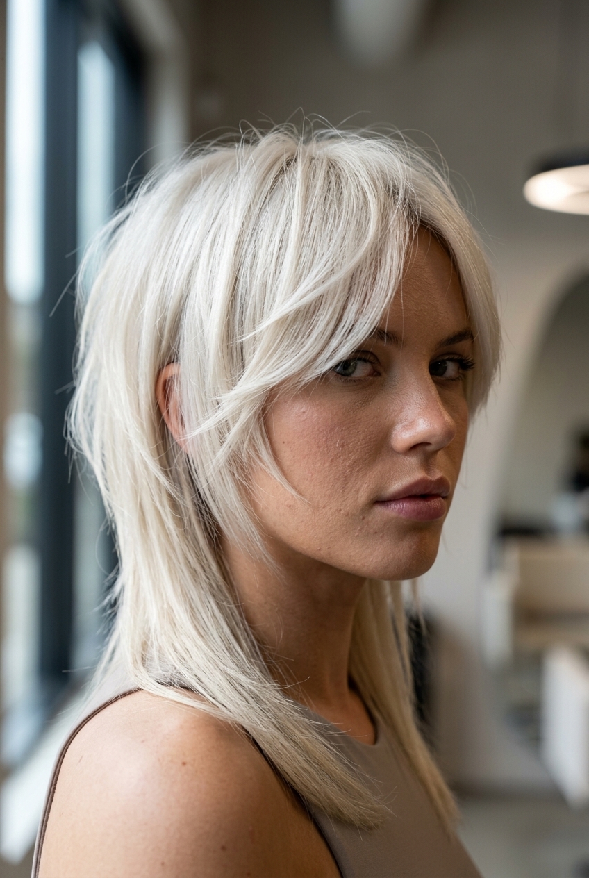 Cyber Sculpt Mullet 2026: Edgy & Precise short sculpted choppy mullet in icy platinum with charcoal root for edgy professional looks