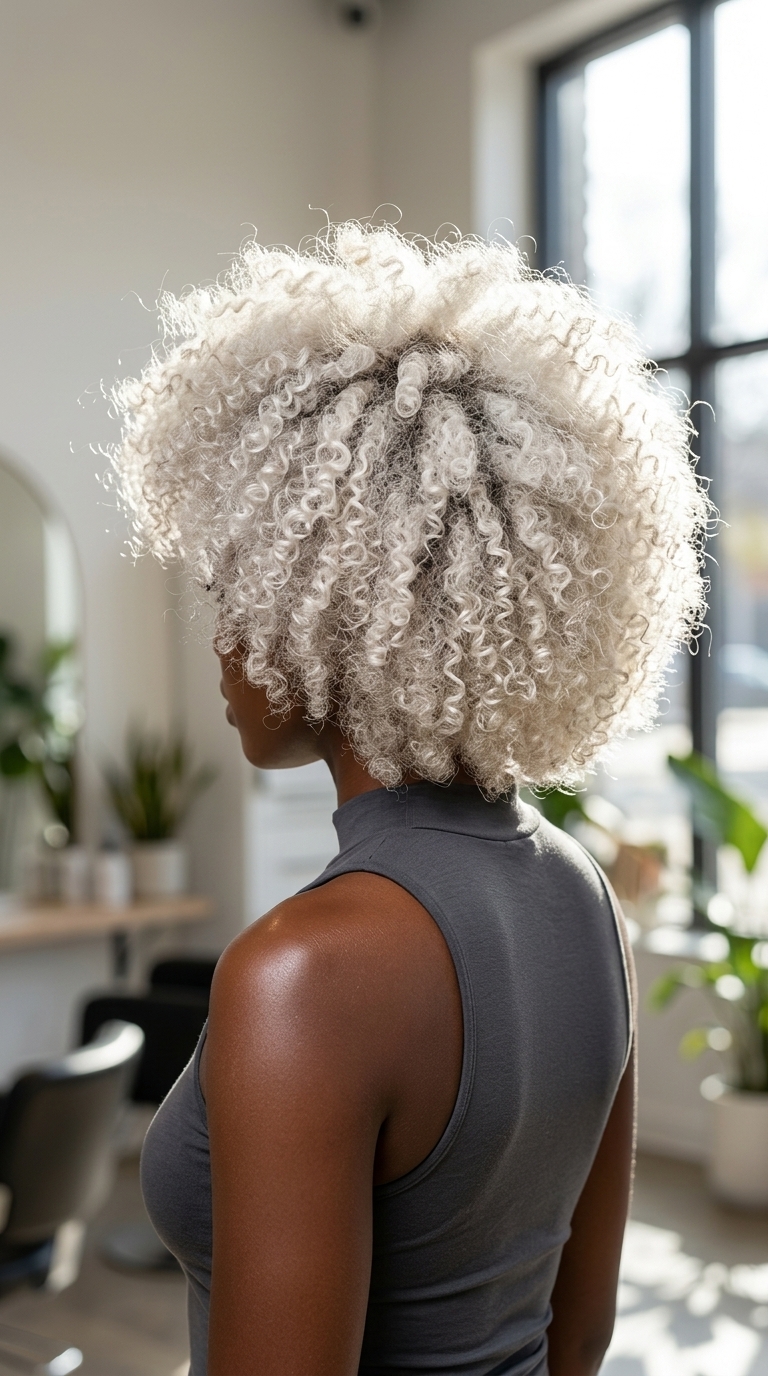 short icy platinum pixie haircut for coils with architectural layers for a bold statement