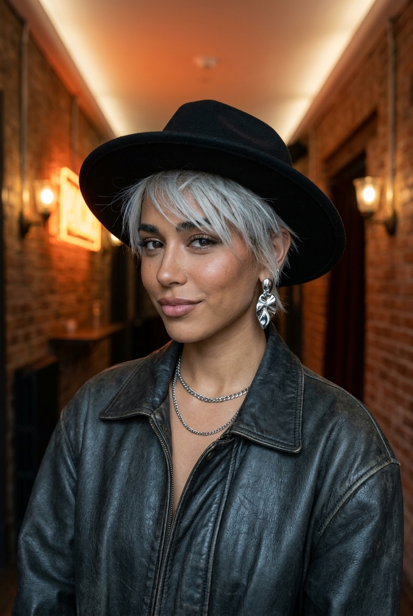 short pixie haircut with icy platinum blonde color, razored layers, and piecey fringe for summer