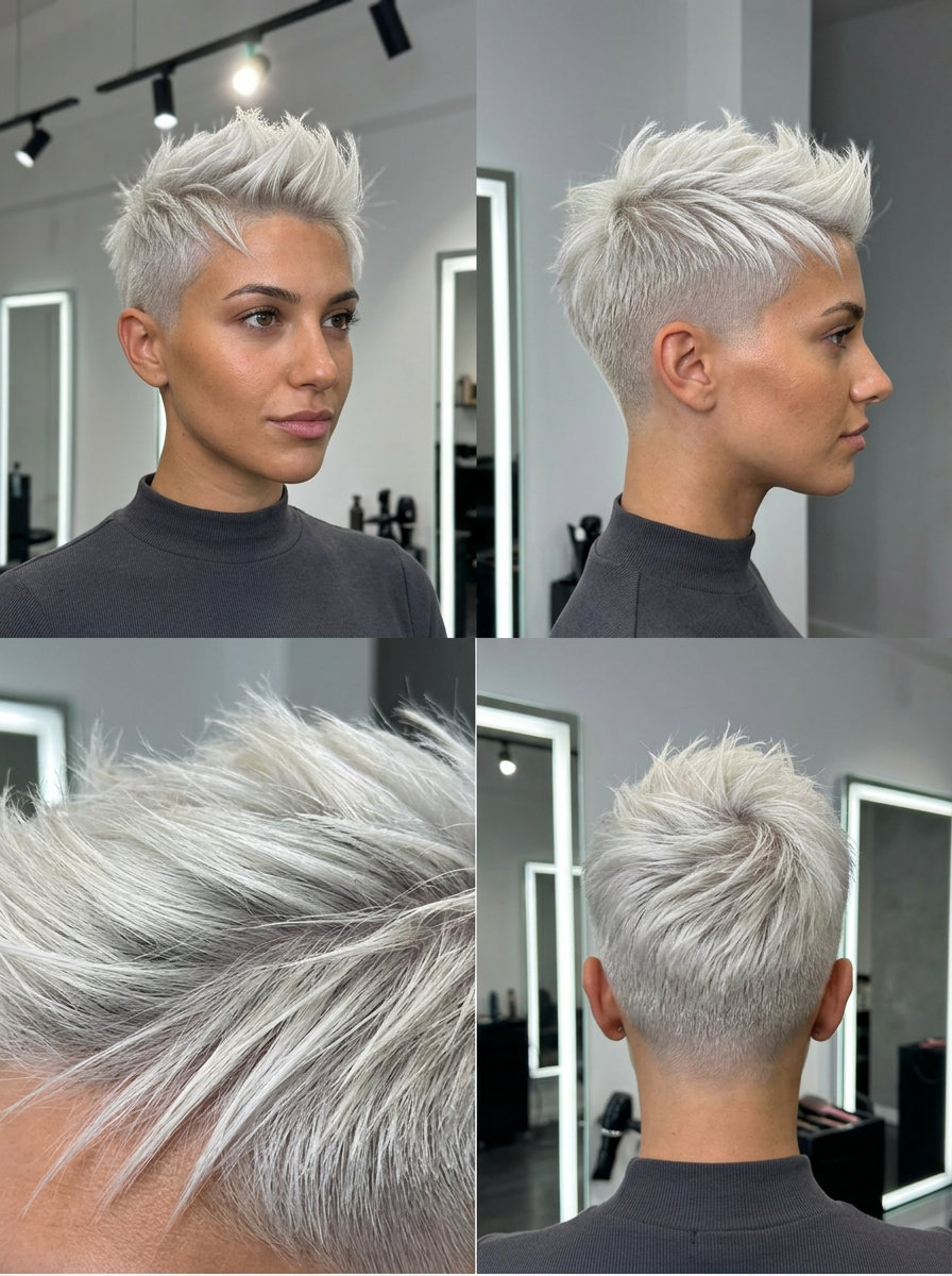 very short pixie haircut in icy platinum blonde with root smudge, sharp clipper fade with spiky texture for festival