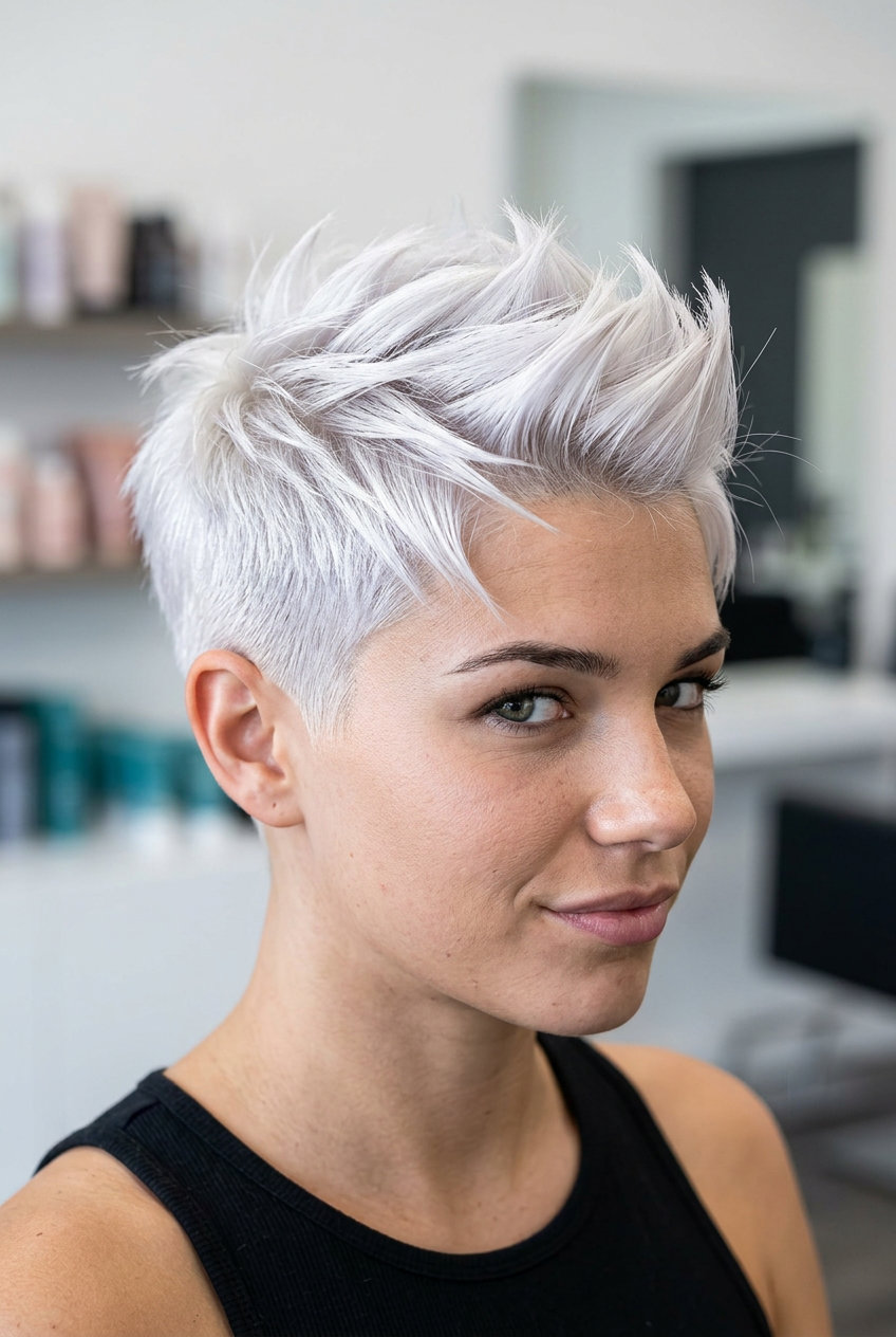 very short icy platinum pixie haircut with faded sides and textured crown for summer