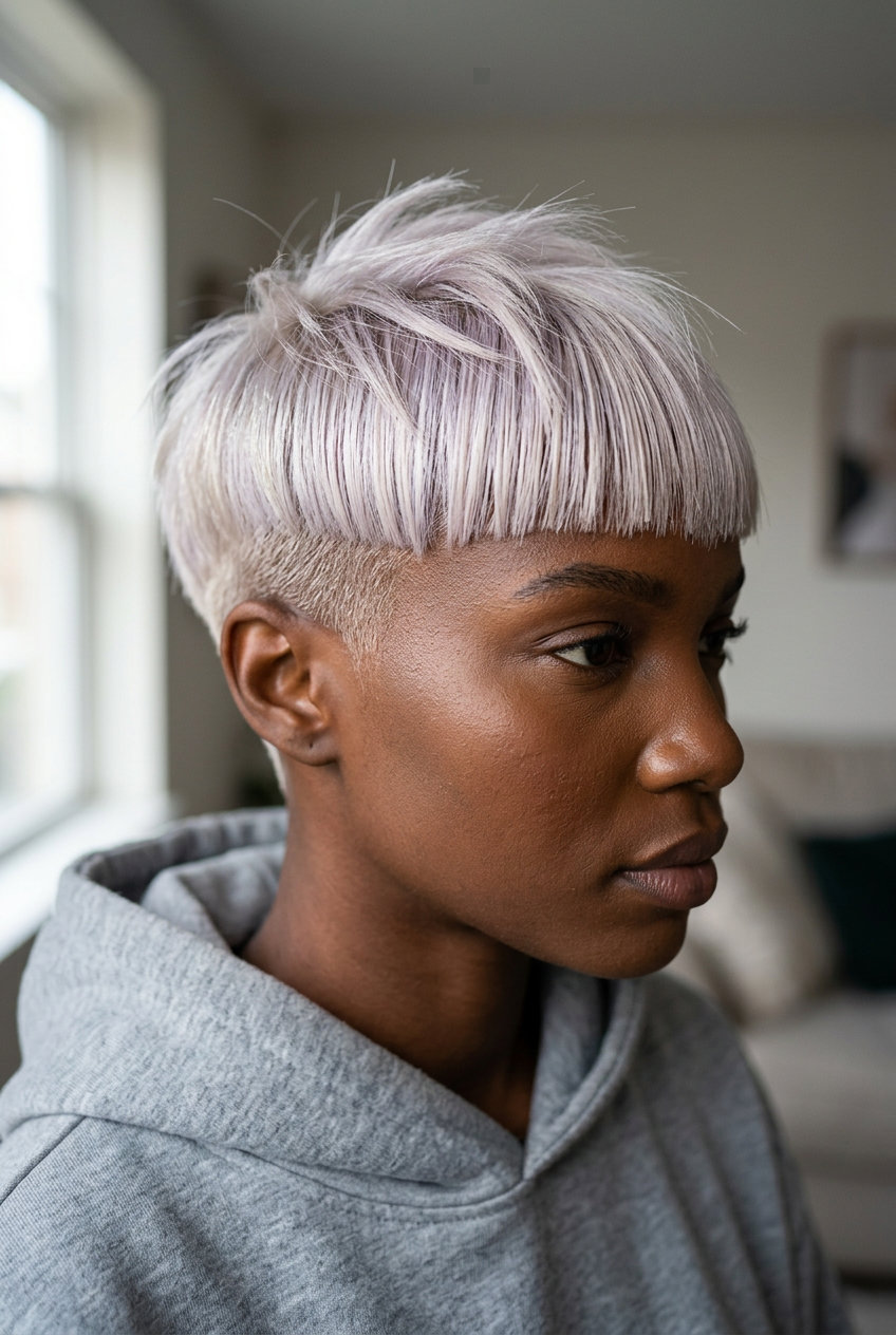 very short pixie haircut in icy platinum blonde with undercut and blunt geometric bangs