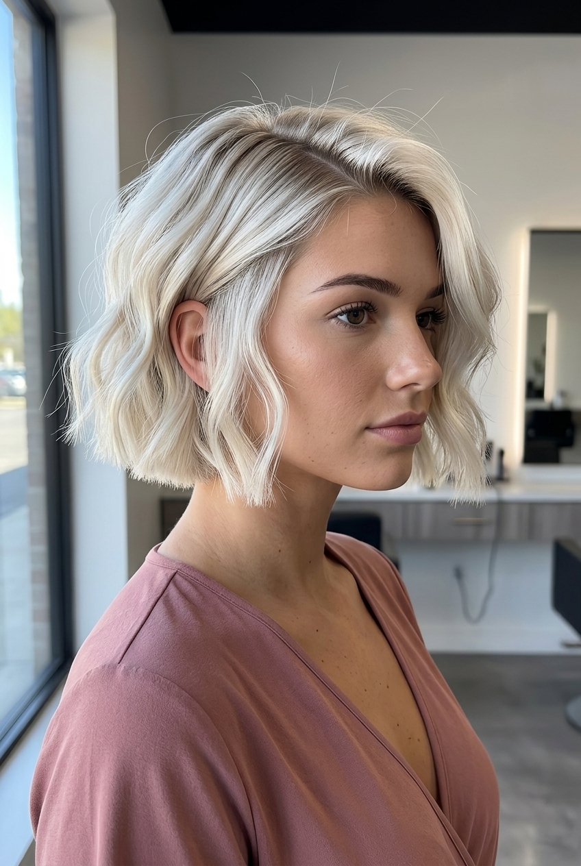 ultra-short blunt bob haircut in icy vanilla platinum blonde with root smudge for modern look