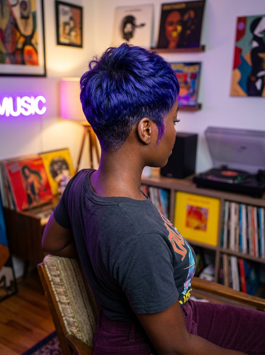 short pixie electric indigo hair with jet black root smudge, tapered sides — edgy festival look