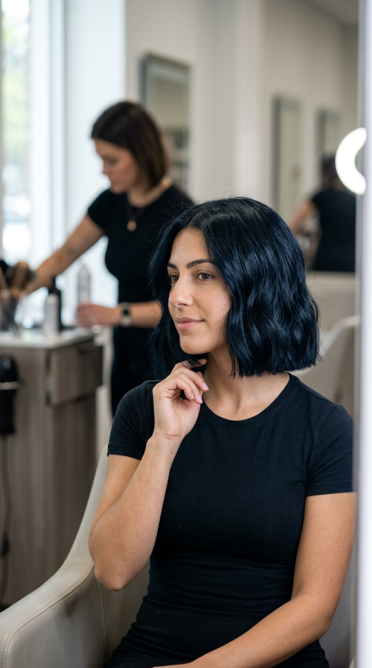 chin-length blunt bob haircut in deep jet black with high-gloss finish, precision cut, no fringe — sophisticated evening look