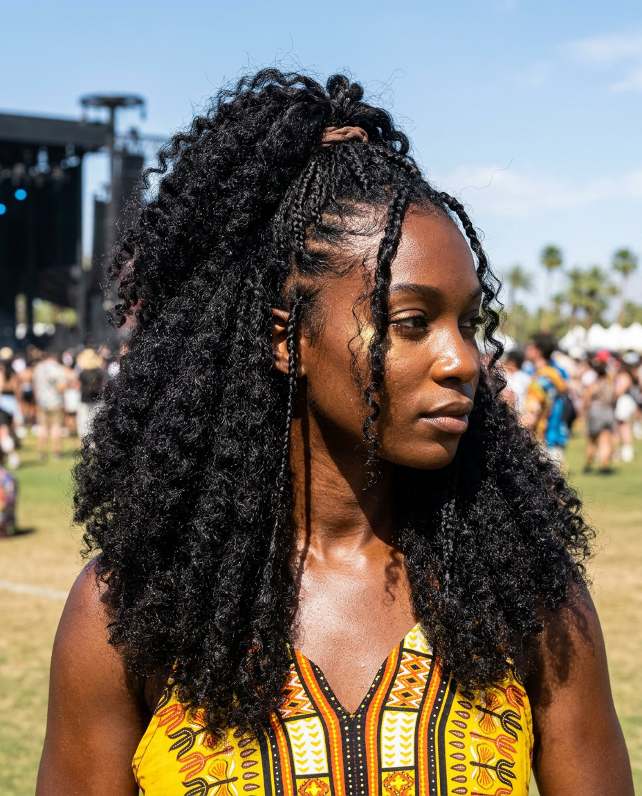 long deconstructed layered jet black half up half down with defined curls, no fringe — joyful festival style