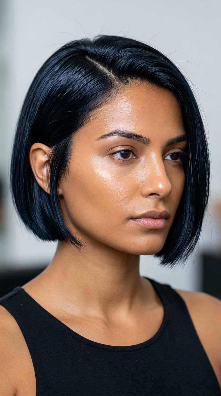 short jet black bixie haircut with blue undertones and sleek sides for edgy looks