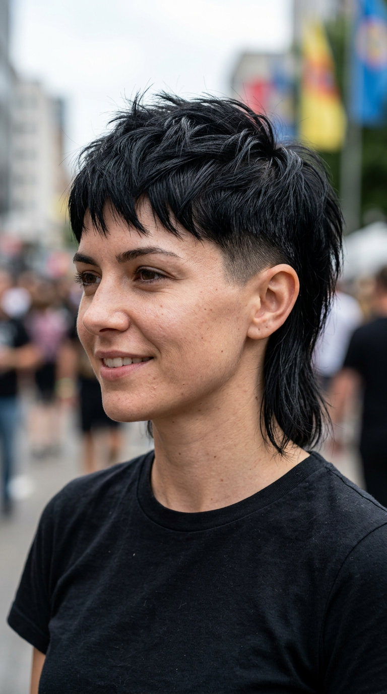 Midnight Rebel Mullet 2026: Glossy Jet Black short choppy mullet with opaque jet black color, clipper fade, spiky top — edgy concert look