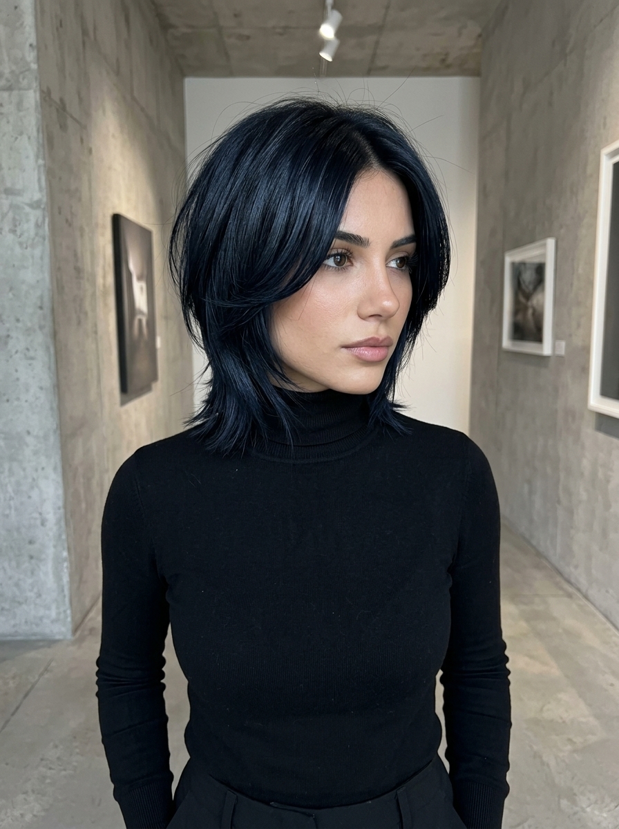 short wolf cut with jet black & blue undertone, sculpted layers, tapered sides, blunt perimeter — minimalist