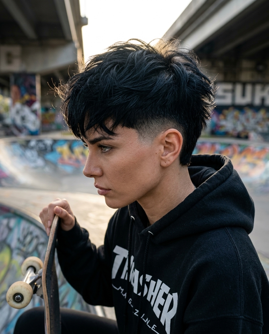 short jet black wolf cut with clipper fade and choppy top layers