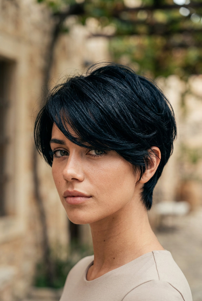 very short pixie haircut in jet black with violet reflects, textured Italian cut with sweeping fringe for date night