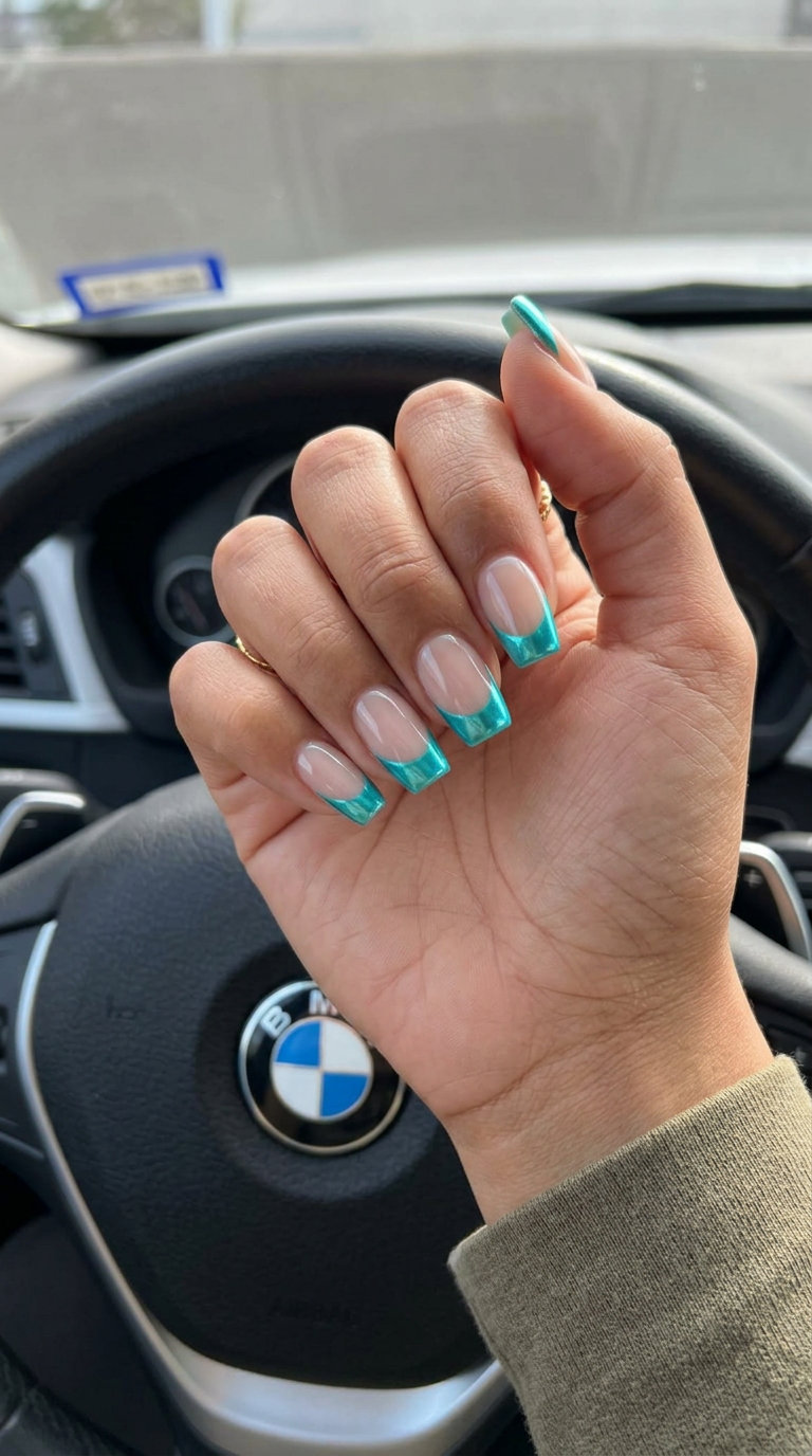 Aqua Metallic Reverse French: June Manicure Ideas 2026 Aqua metallic reverse French nails for june manicure ideas - summer trends 2026. Edgy for date nights.