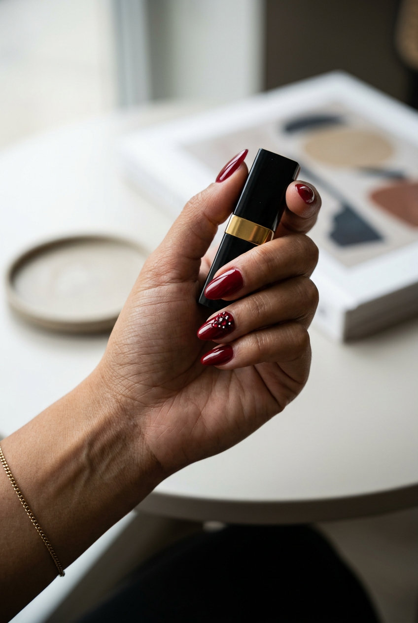 June Manicure Ideas: Cherry Sparkle Glam 2026 Glamorous Cherry Sparkle nails with red rhinestones. June manicure ideas - summer trends 2026.