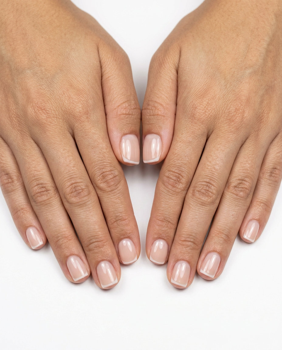 June Manicure Ideas: Chic Nude Micro French 2026 Chic Nude Micro French nails for work. June manicure ideas - summer trends 2026.
