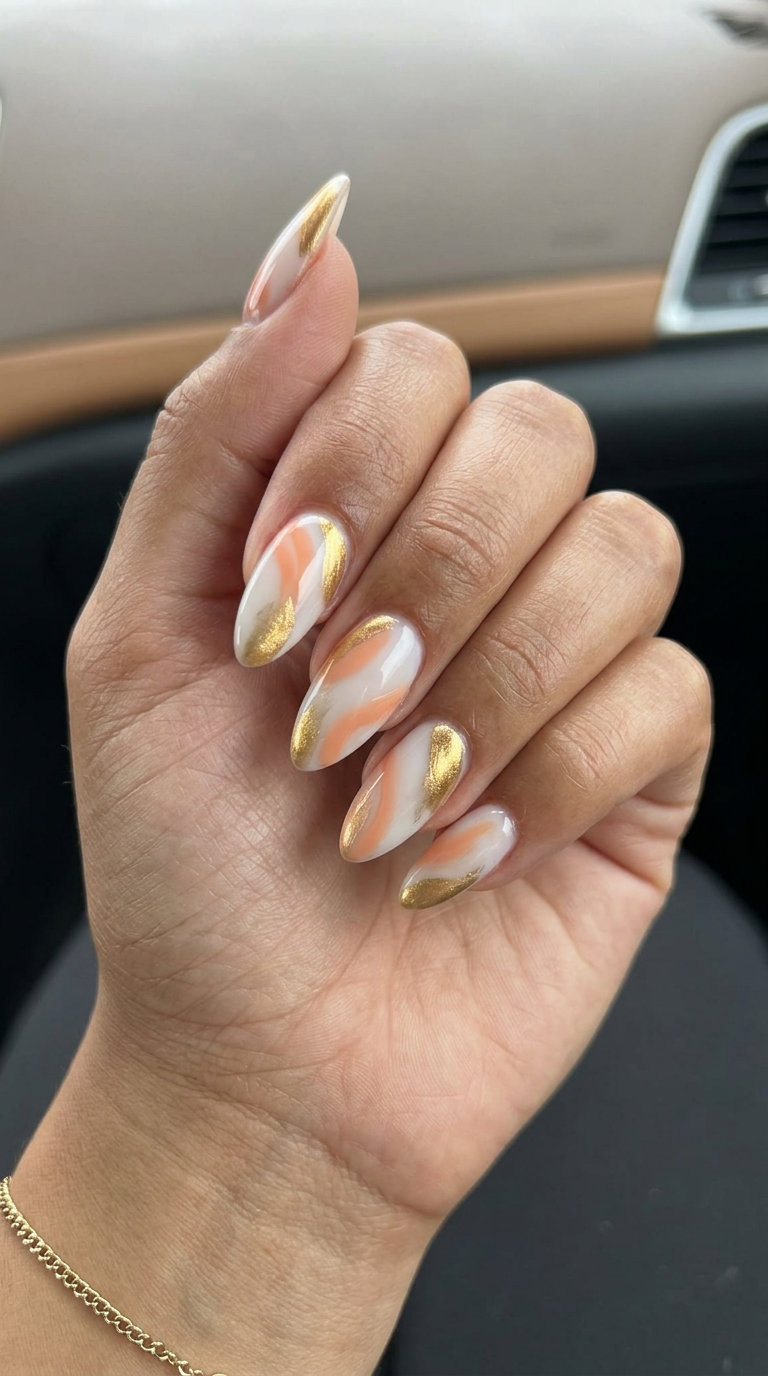 June Manicure Ideas: Golden Hour Abstract 2026 Golden Hour Abstract Strokes nails for festivals. June manicure ideas - summer trends 2026.
