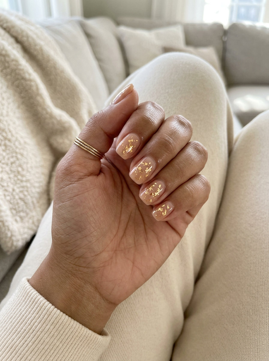 June Manicure Ideas: Golden Summer Sparkle 2026 Golden Summer Sparkle nails with gold foil flakes. June manicure ideas - summer trends 2026.